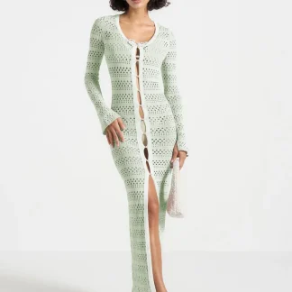 Aria - Pointelle Knit Cover Up - Sage/White