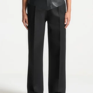 Blanche - Leather Panel Tailored Pants - Black