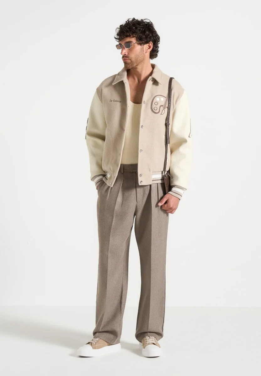 Pierre - Relaxed Fit Textured Pleated Tailored Trousers - Taupe - Image 3