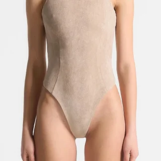 Adele - Suede Racer Neck Bodysuit - Taupe
