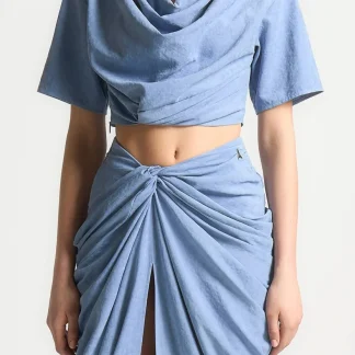 Cowl Neck Drape T-Shirt - Blue