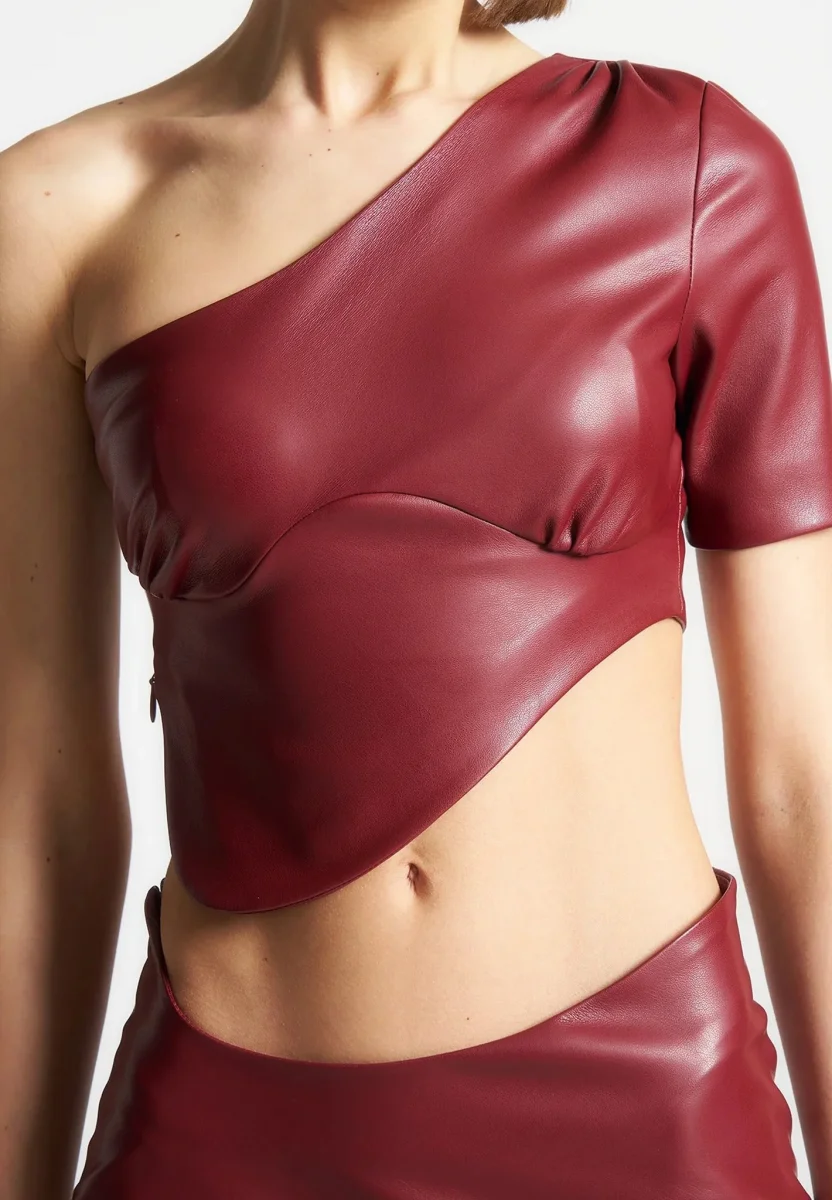 Curved Hem Leather Crop Top - Wine Red - Image 2