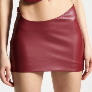 Curved Waist Leather Mini Skirt - Wine Red