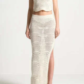 Pearl Applique Crochet Maxi Skirt - Cream