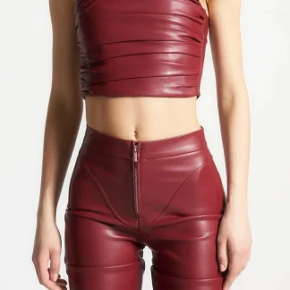 Pleated Bandeau Leather Corset Top - Wine Red