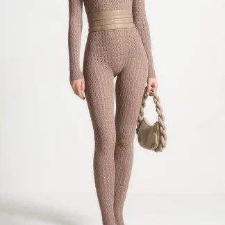 Chantal - Pointelle Knit Long Sleeve Jumpsuit with Belt - Taupe