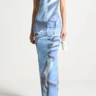 Printed Denim Effect Maxi Dress - Blue
