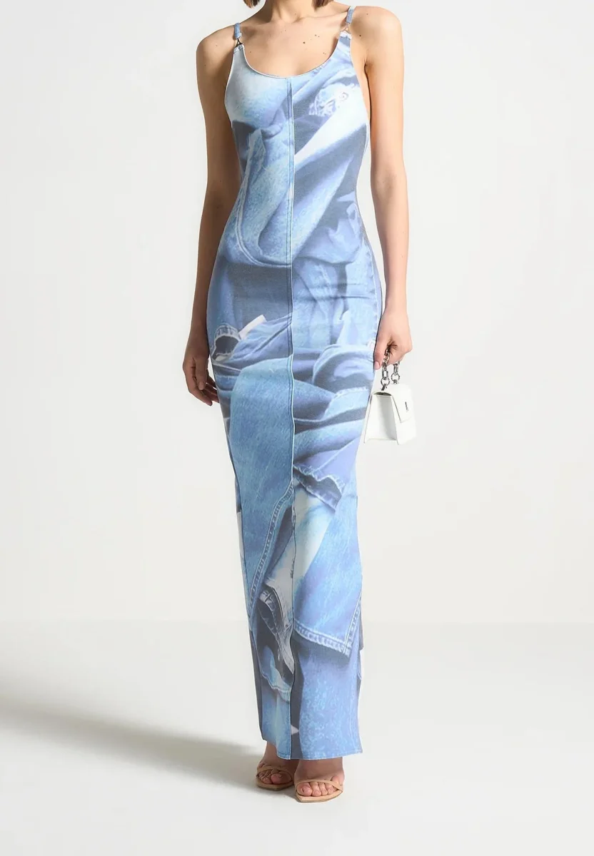 Printed Denim Effect Maxi Dress - Blue - Image 2