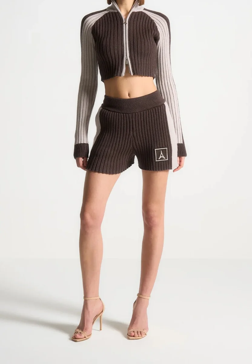 Rib Knit Track Jacket - Brown/Beige - Image 2