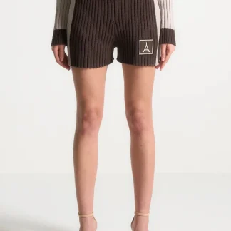 Rib Knit Track Shorts - Brown/Beige