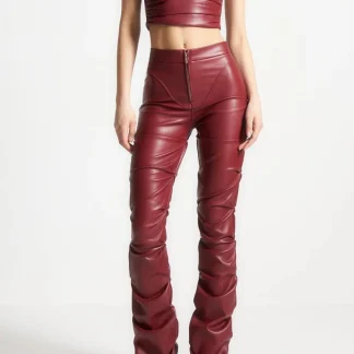 Caroline - Tacked Leather Flared Pants - Wine Red