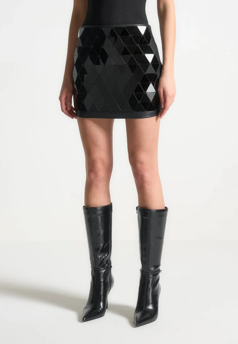 Leather Mirrored Mini Skirt - Black/Black - Image 2