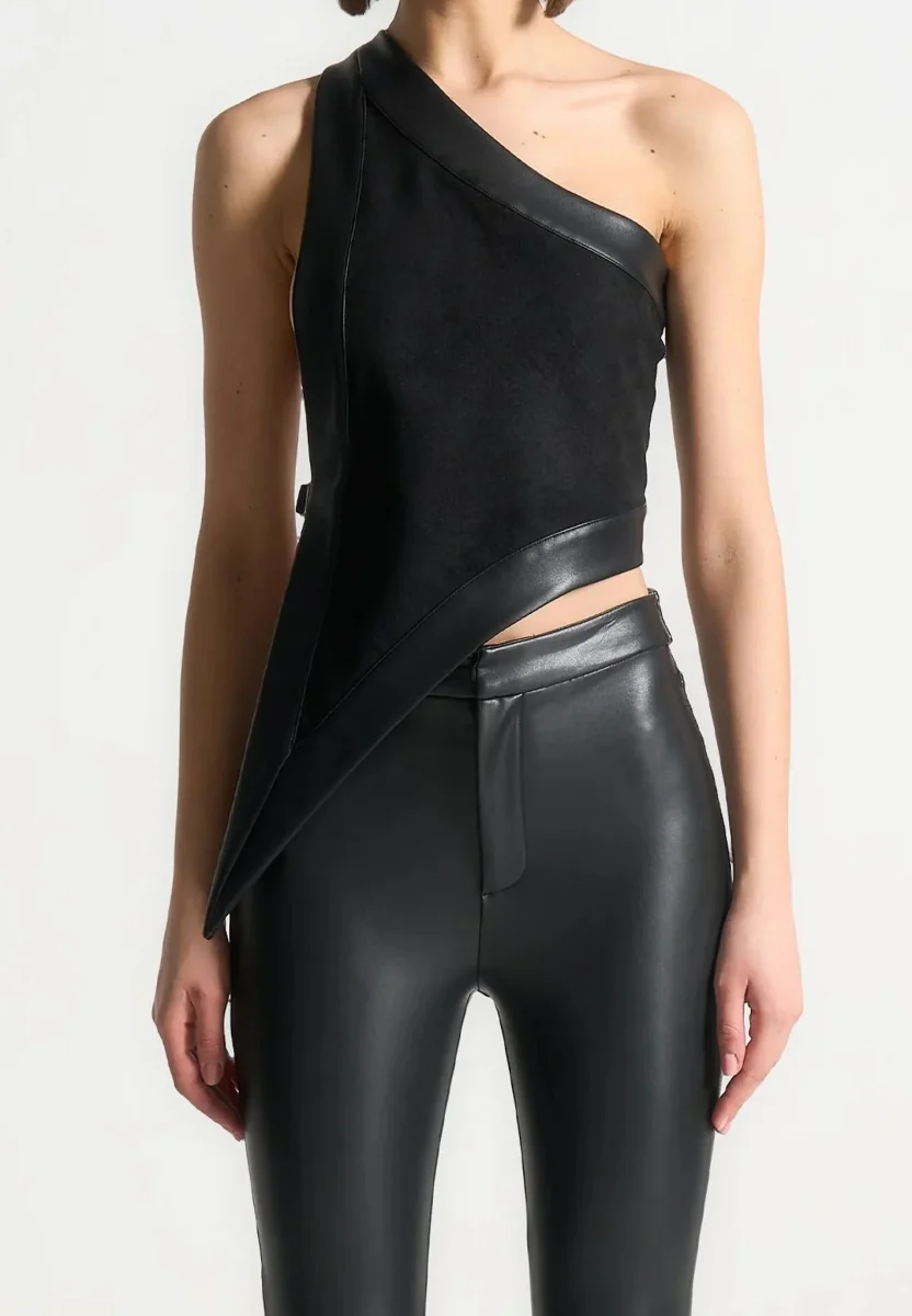Suede & Leather Asymmetric Backless Top - Black - Image 2