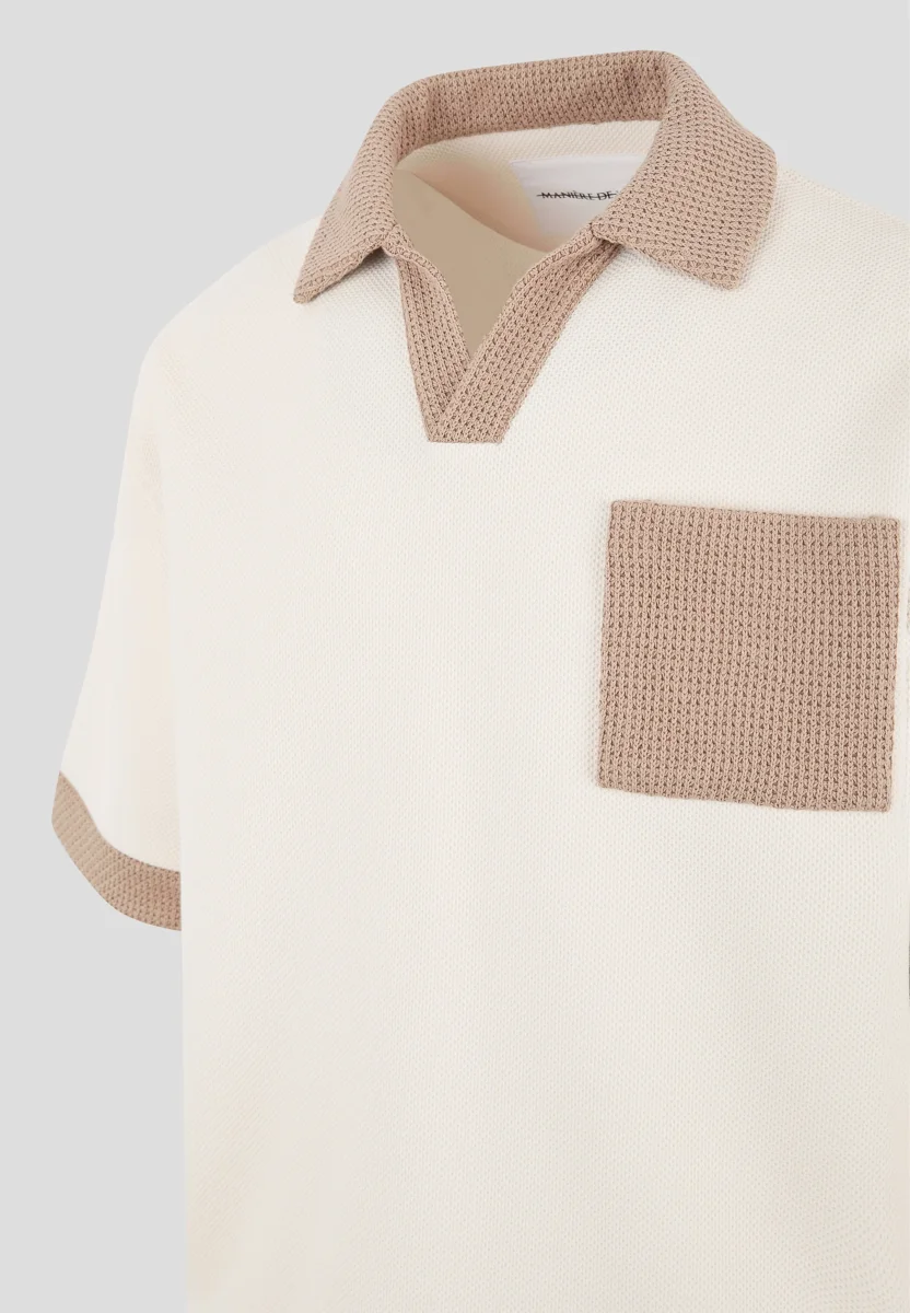 Brice - Boxy Polo Shirt with Crochet Detail - Cream - Image 7