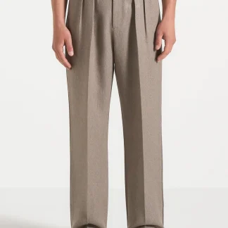 P⁠ierre - Relaxed Fit Textured Pleated Tailored Trousers - Taupe