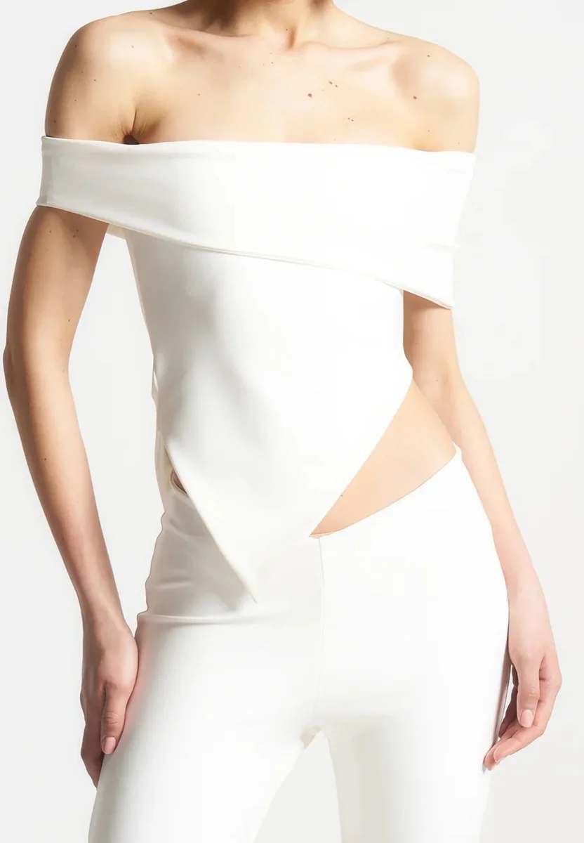 Angled Hem Bardot Top - Off White - Image 3