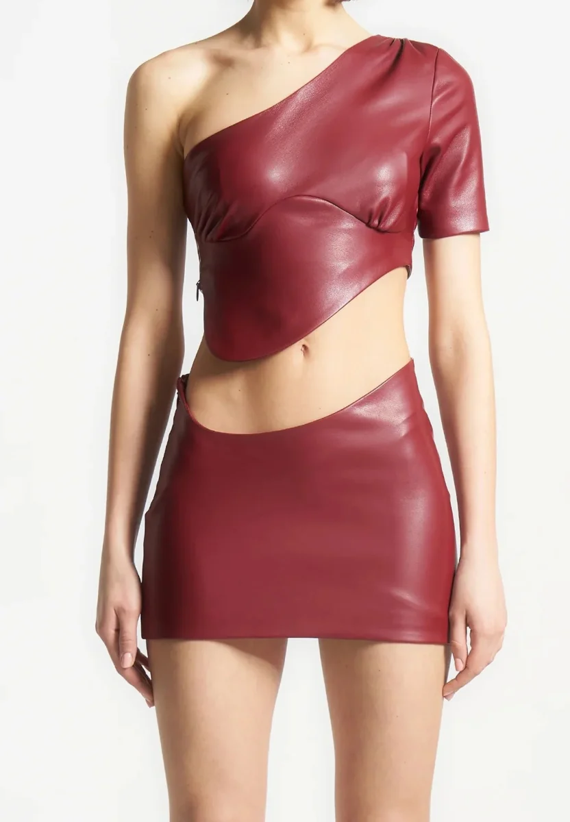 Curved Hem Leather Crop Top - Wine Red - Image 3
