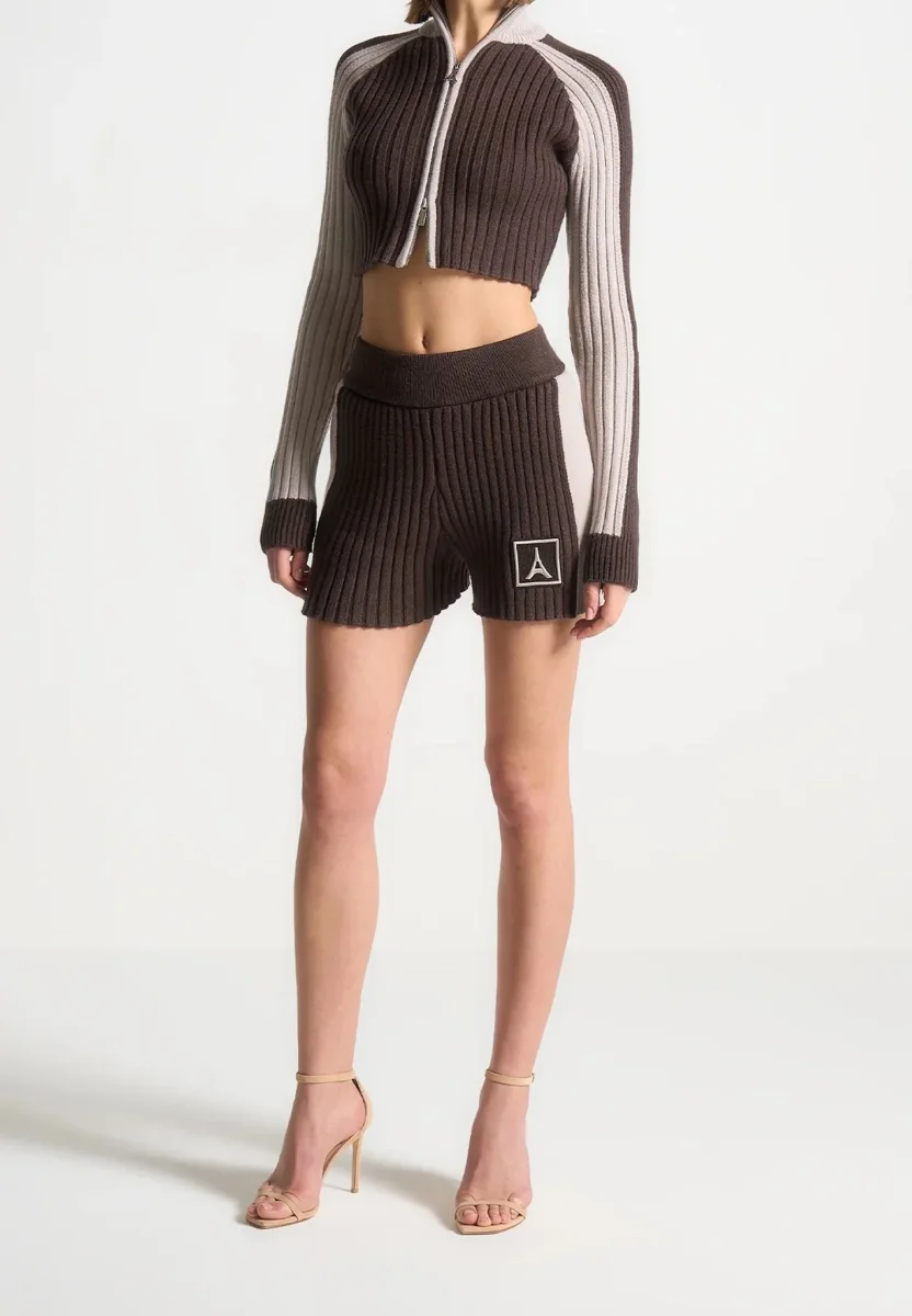 Rib Knit Track Shorts - Brown/Beige - Image 3