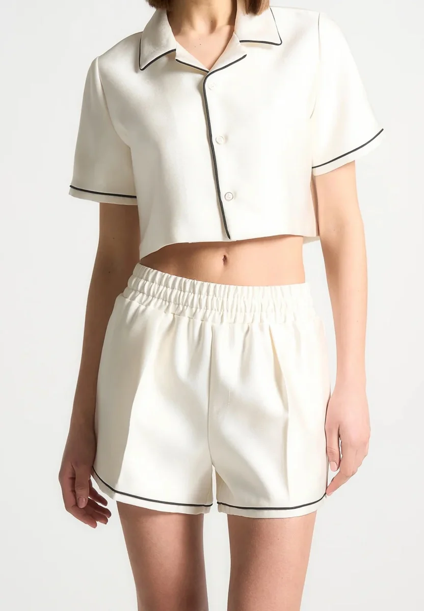 Satin Cropped Shirt with Piping - Cream - Image 3