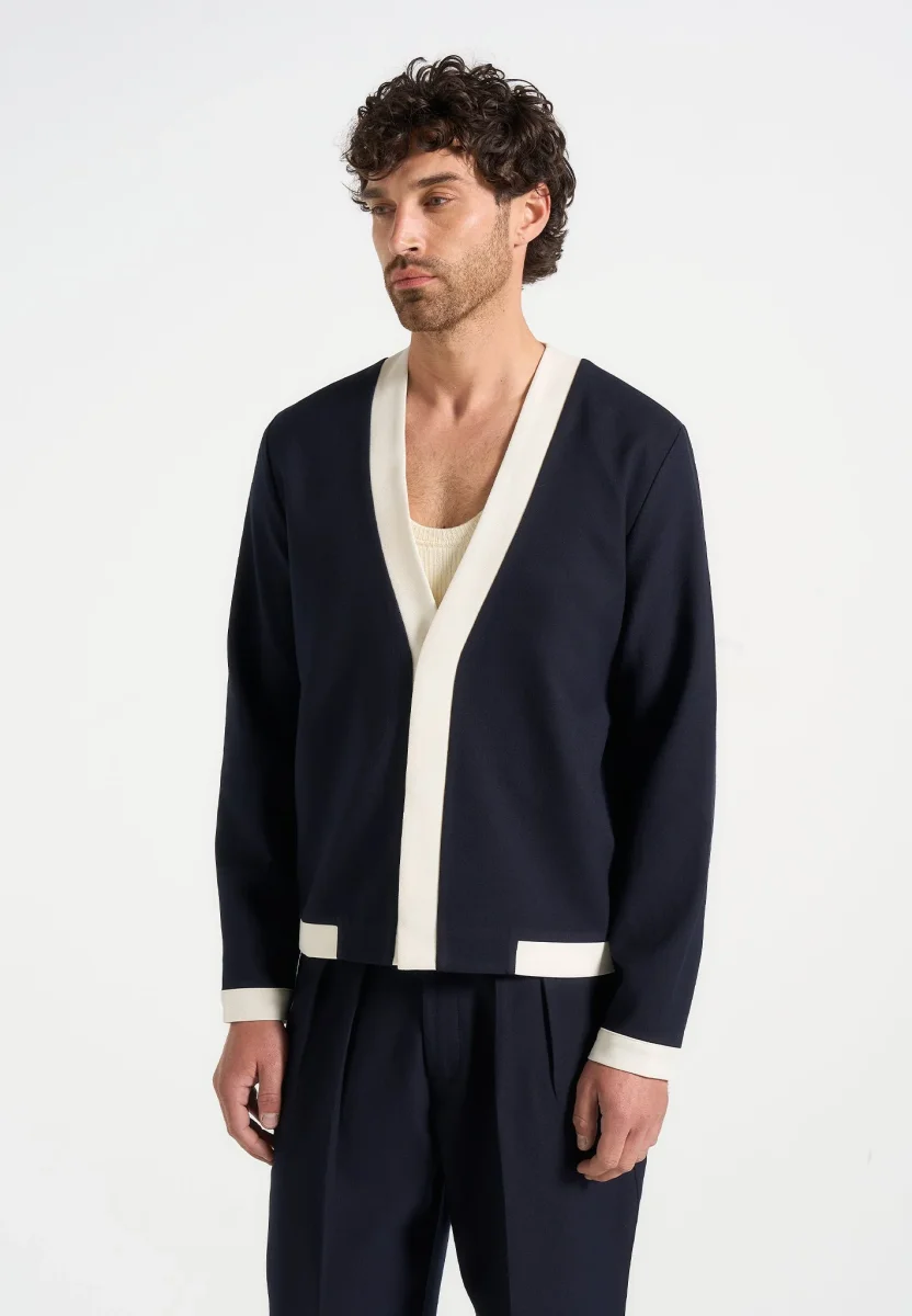 Clovis - Tailored Cardigan With Contrast Placket - Dark Navy/White - Image 2