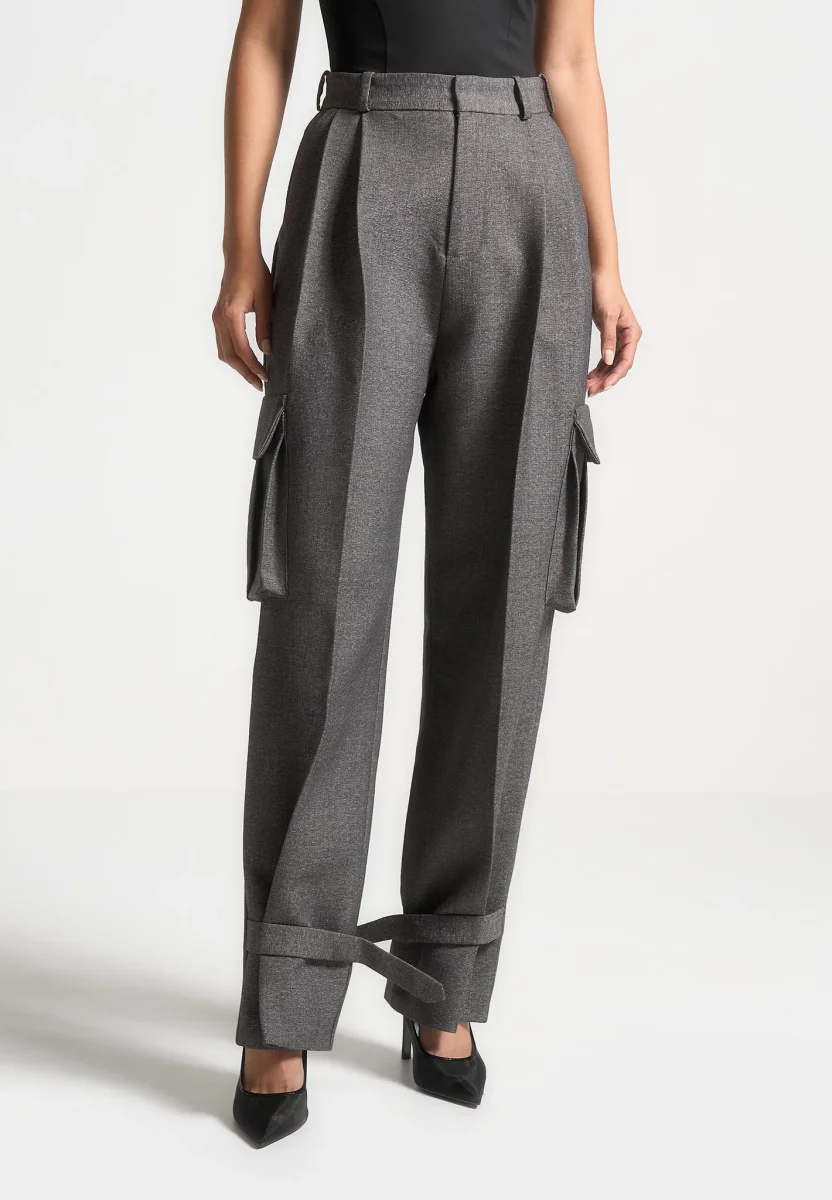 Danielle - Textured Tailored Pleated Cargo Pants - Grey Marl