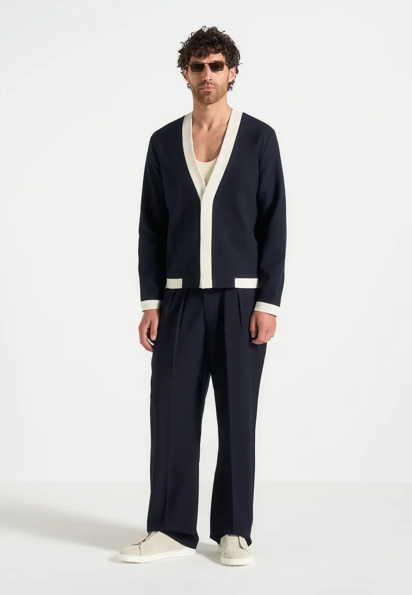 Clovis - Tailored Cardigan With Contrast Placket - Dark Navy/White - Image 3