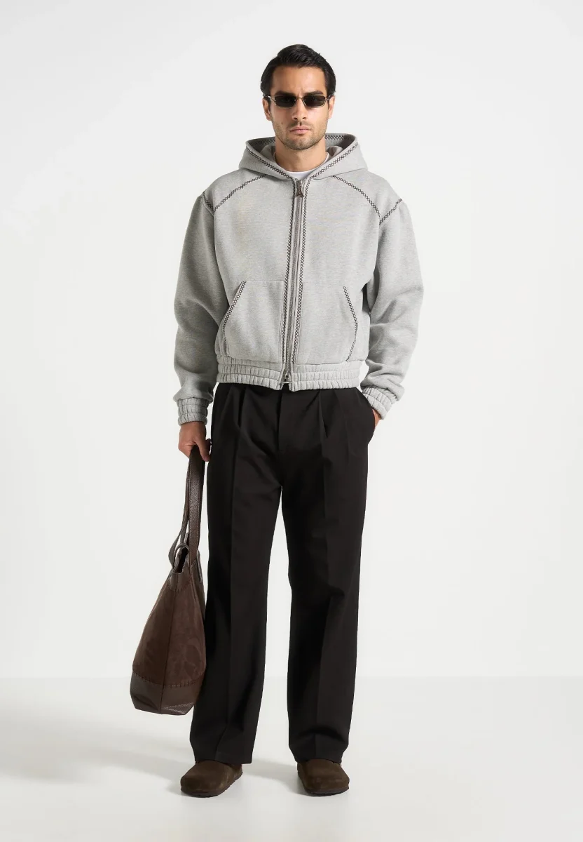 Ivan - Whipstitch Raglan Effect Zip Hoodie - Light Grey