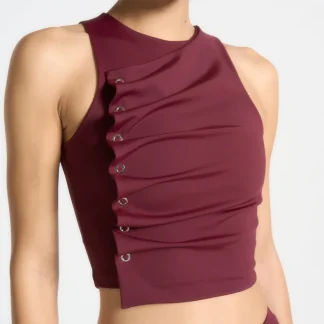 Eyelet Detail Tacked Racer Top - Wine Red