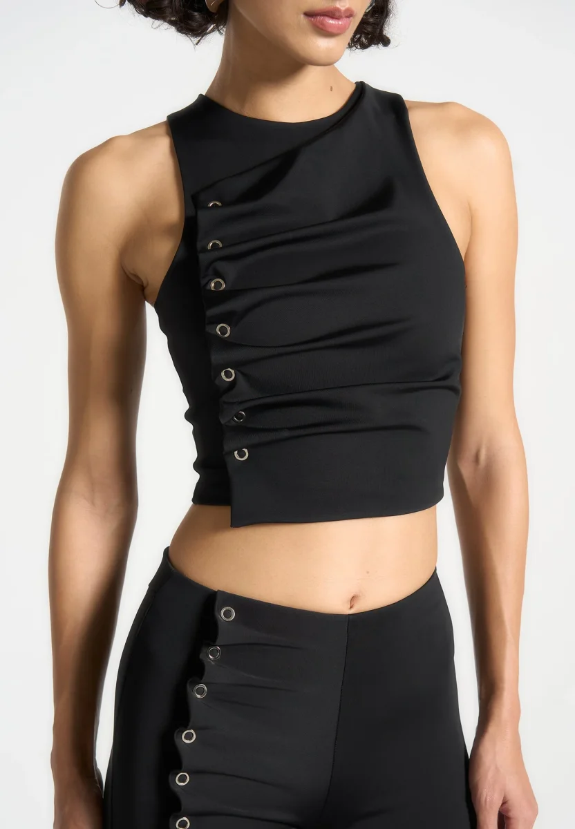 Eyelet Detail Tacked Racer Top - Black - Image 4