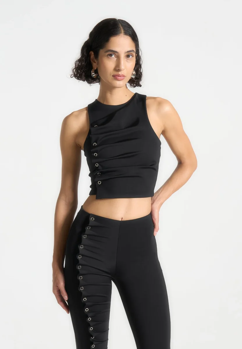 Eyelet Detail Tacked Racer Top - Black - Image 2