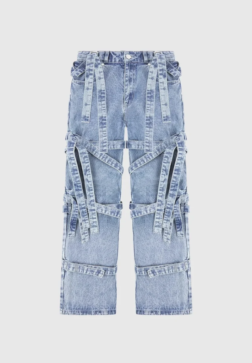 Talia - Denim Strap Cargo Jeans - Mid Blue - Image 5