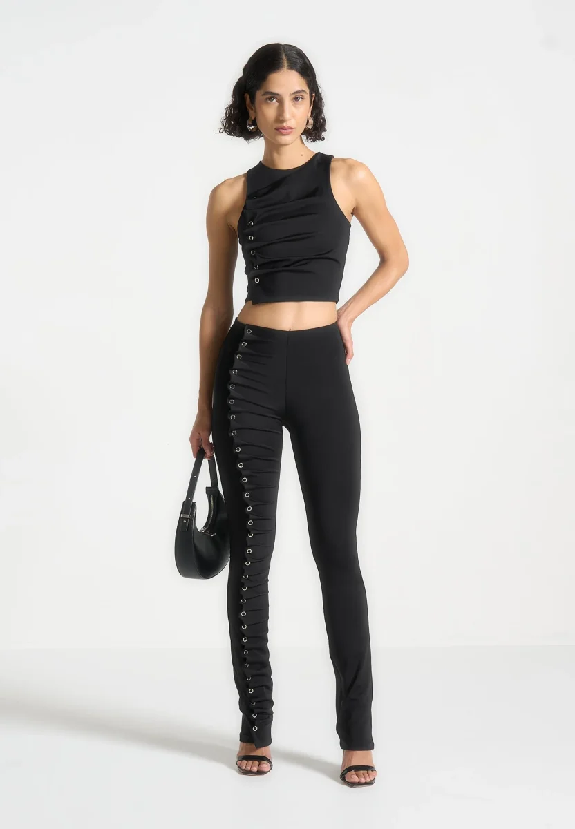 Eyelet Detail Tacked Racer Top - Black - Image 3