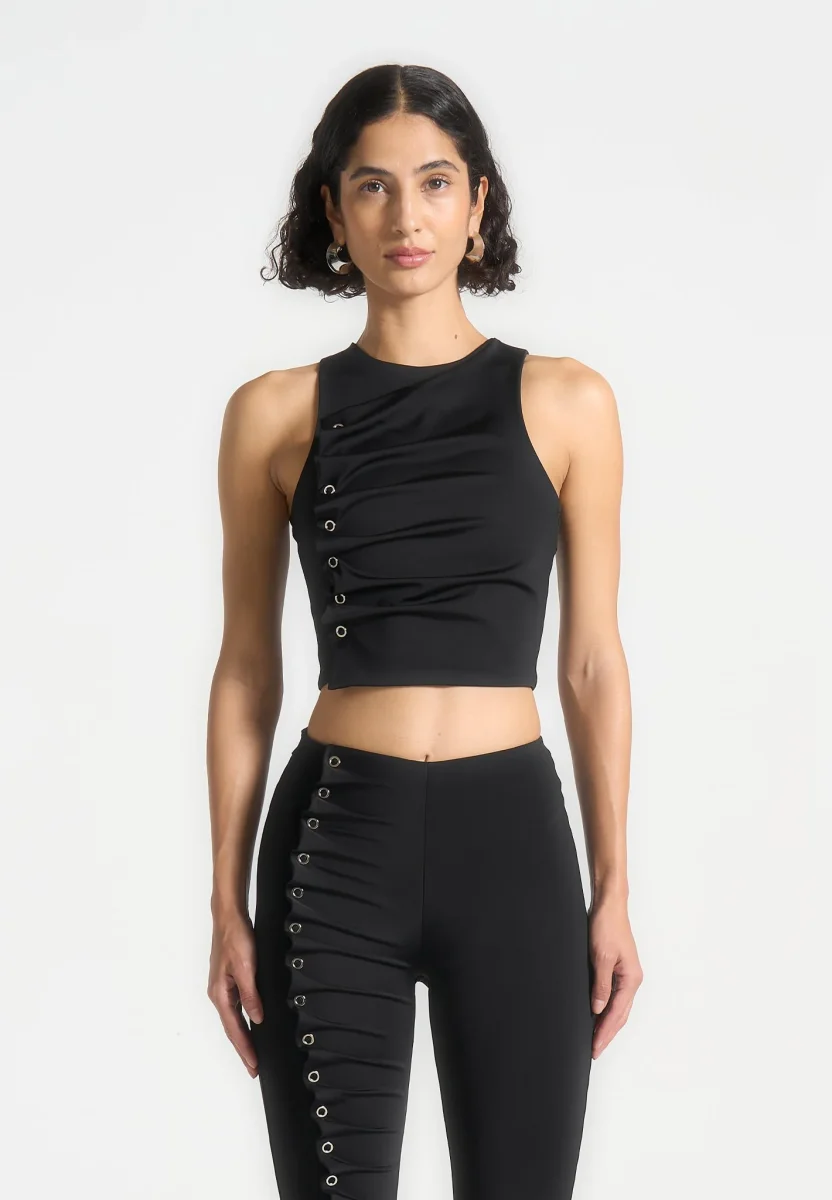 Eyelet Detail Tacked Racer Top - Black - Image 5
