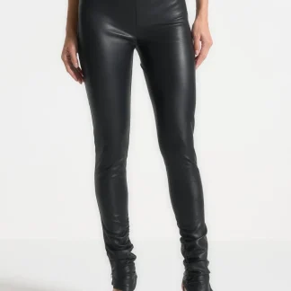 Clara - Leather Angled Waistband Leggings - Black