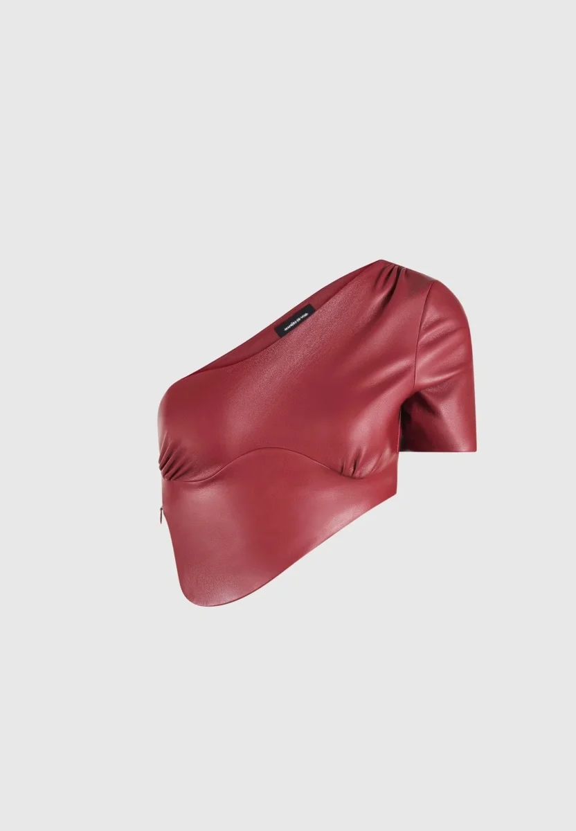 Curved Hem Leather Crop Top - Wine Red - Image 6