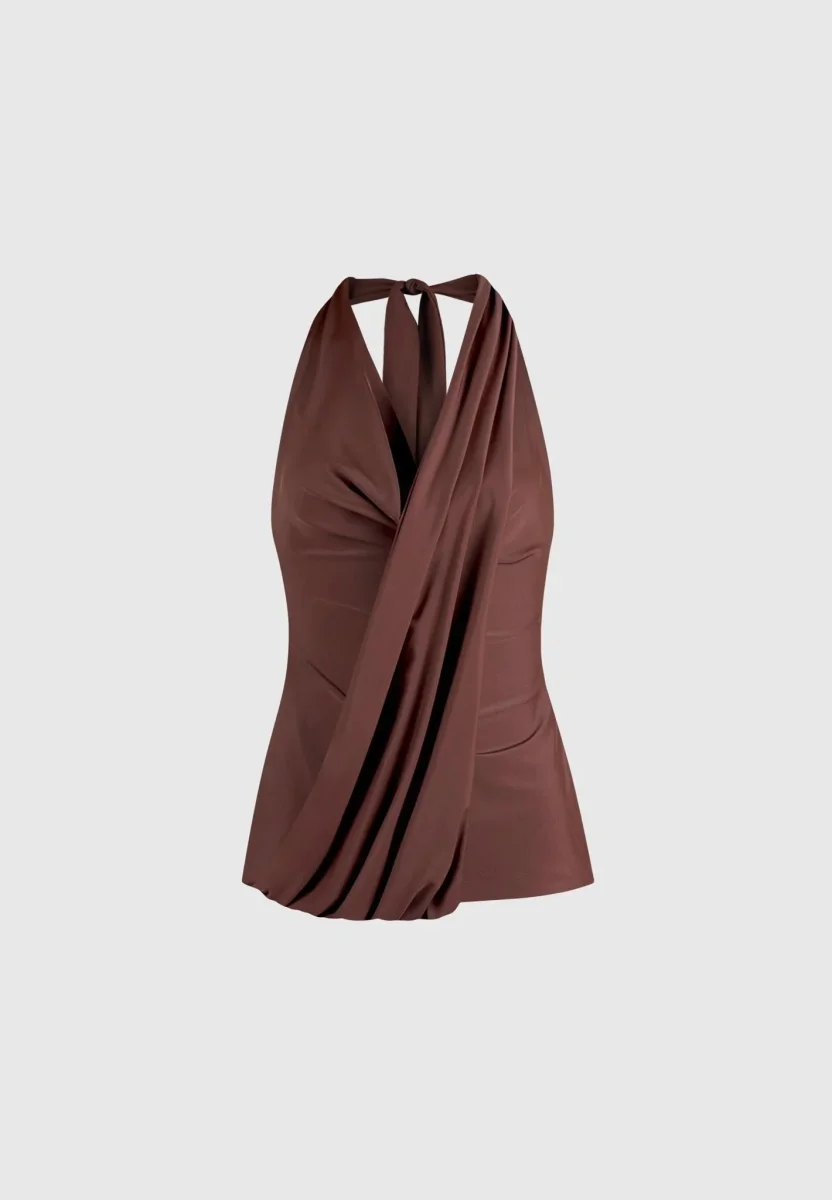 Draped Halterneck Top - Brown - Image 7