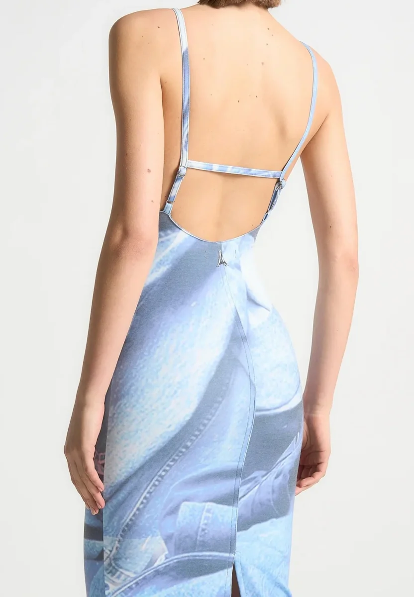 Printed Denim Effect Maxi Dress - Blue - Image 5