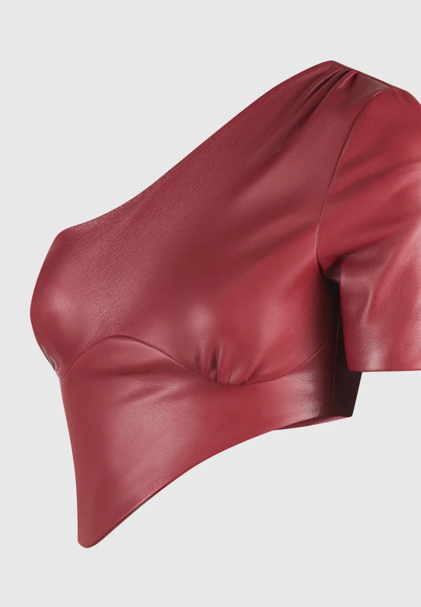Curved Hem Leather Crop Top - Wine Red - Image 7