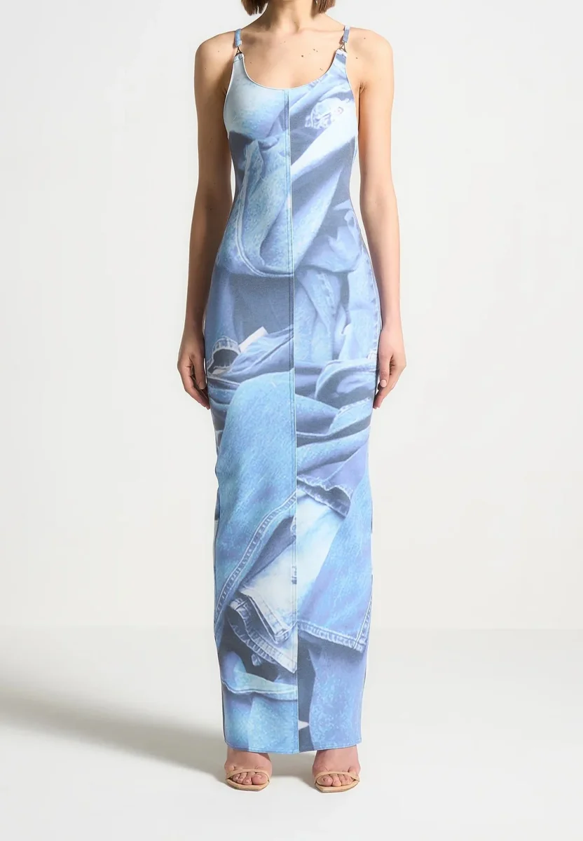 Printed Denim Effect Maxi Dress - Blue - Image 6