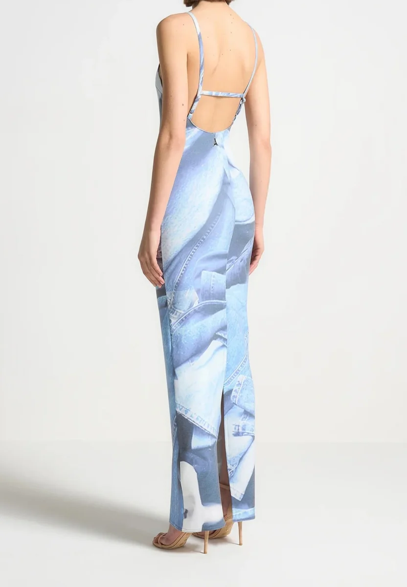 Printed Denim Effect Maxi Dress - Blue - Image 7