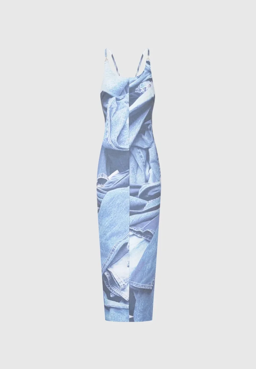 Printed Denim Effect Maxi Dress - Blue - Image 9