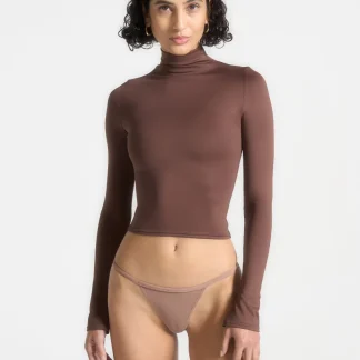 TP001 - Mock Neck Long Sleeve Top - Brown