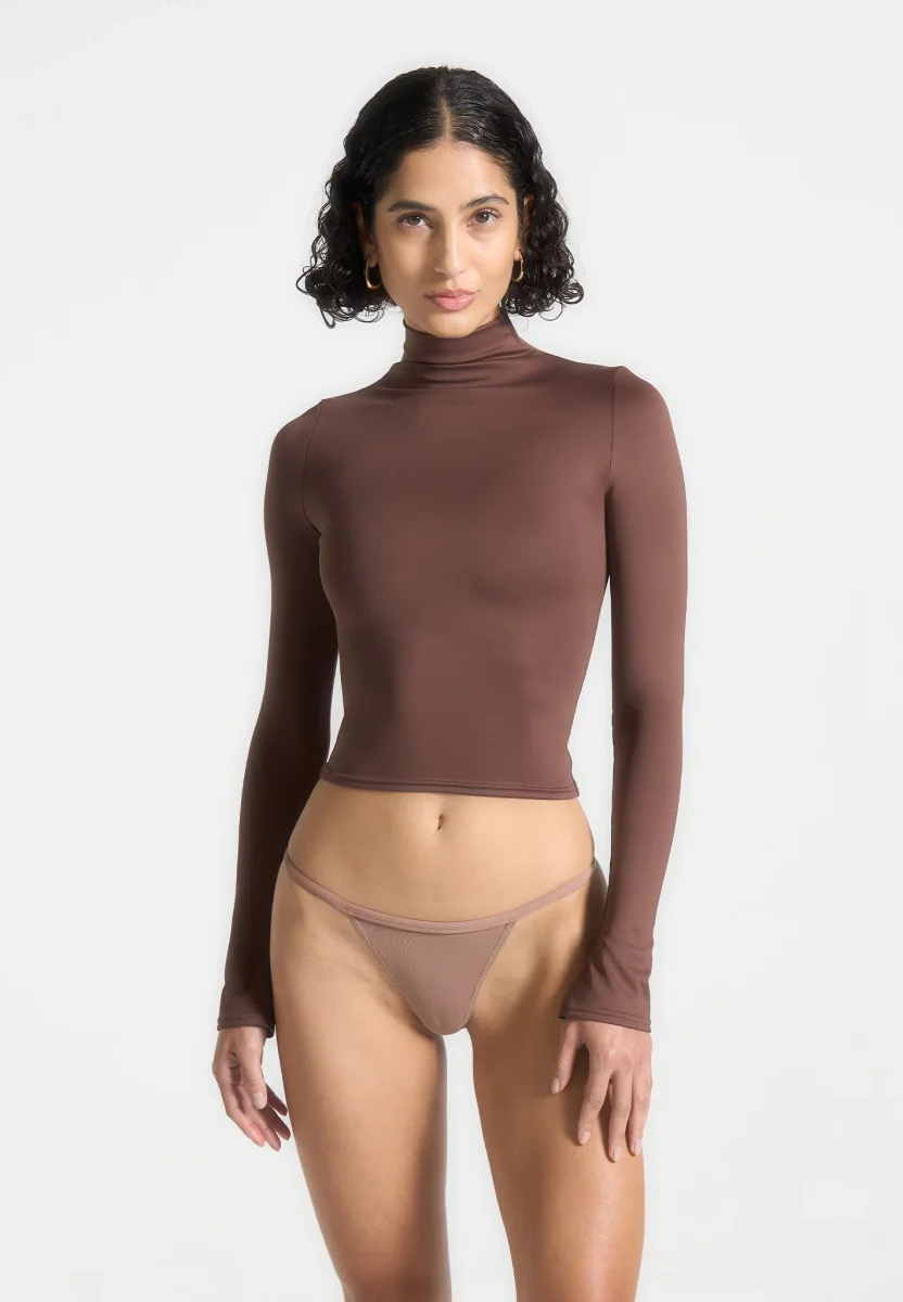 TP001 - Mock Neck Long Sleeve Top - Brown
