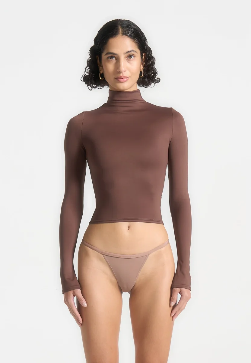 TP001 - Mock Neck Long Sleeve Top - Brown - Image 7