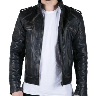 Jaqueta masculina retrô de couro legítimo preta e marrom lavada, estilo racer, com zíper e modelagem slim.