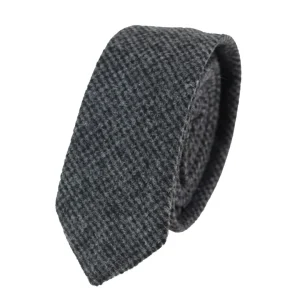 281 - Gravata e lenço de bolso masculinos em lã tweed espinha de peixe cor carvão, 5 cm (2")