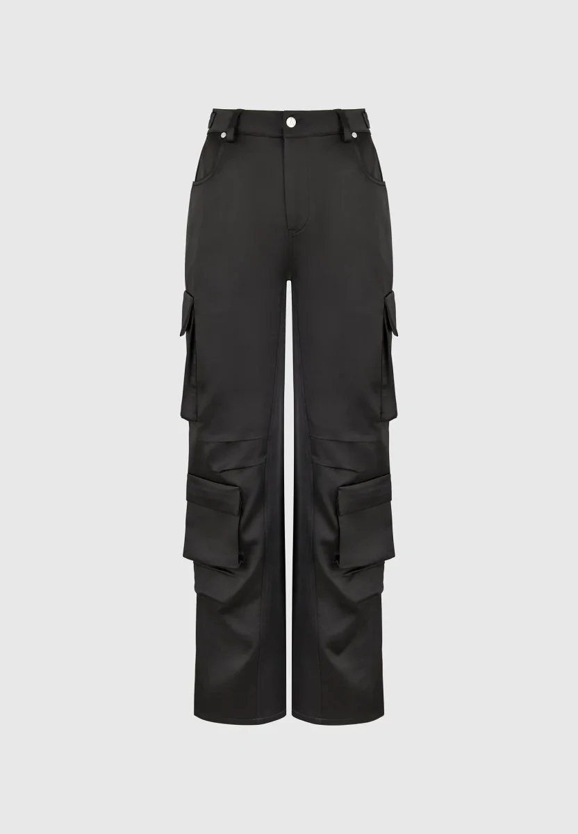 Emilie - Satin High Waisted Cargo Pants - Black - Image 8