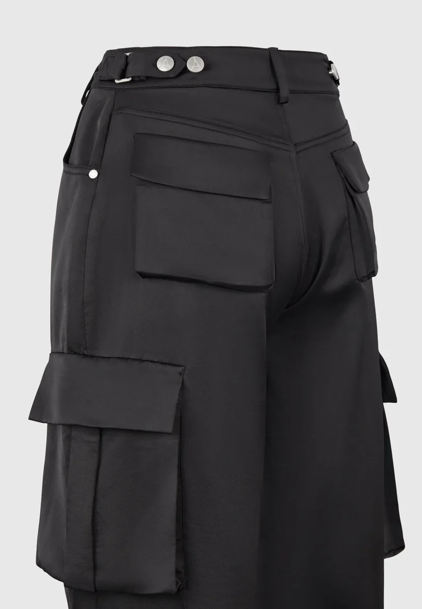 Emilie - Satin High Waisted Cargo Pants - Black - Image 9