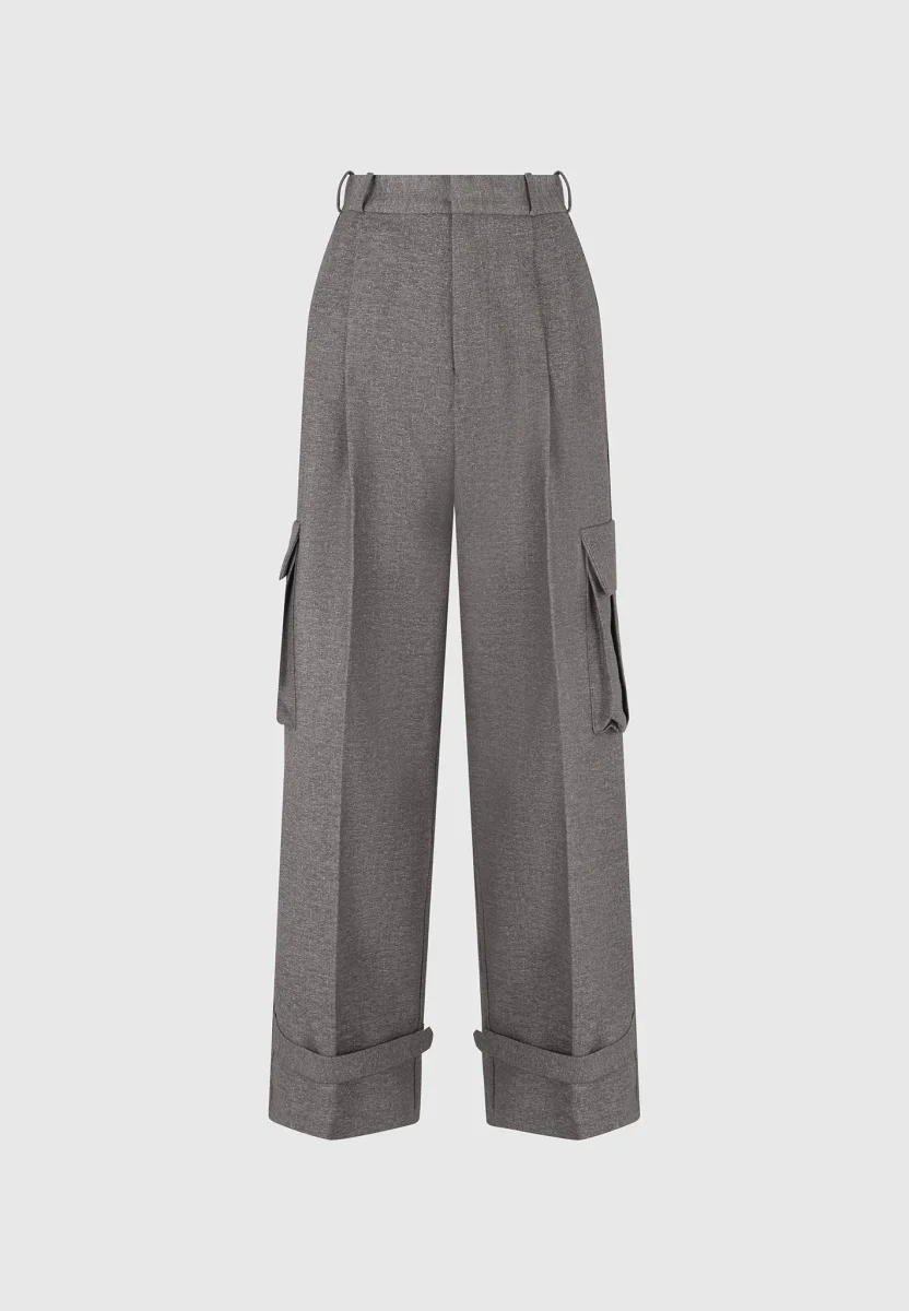 Danielle - Textured Tailored Pleated Cargo Pants - Grey Marl - Image 7