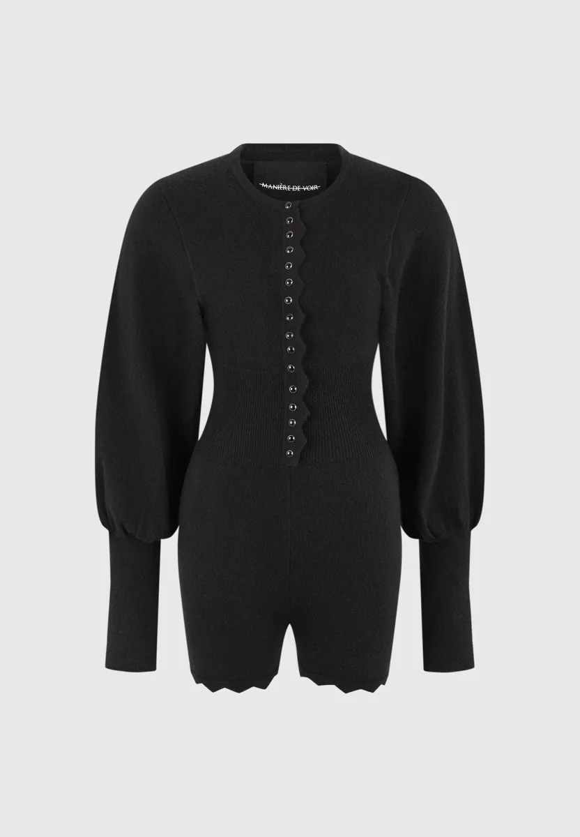 Michele - Knitted Scallop Hem Playsuit - Black - Image 7